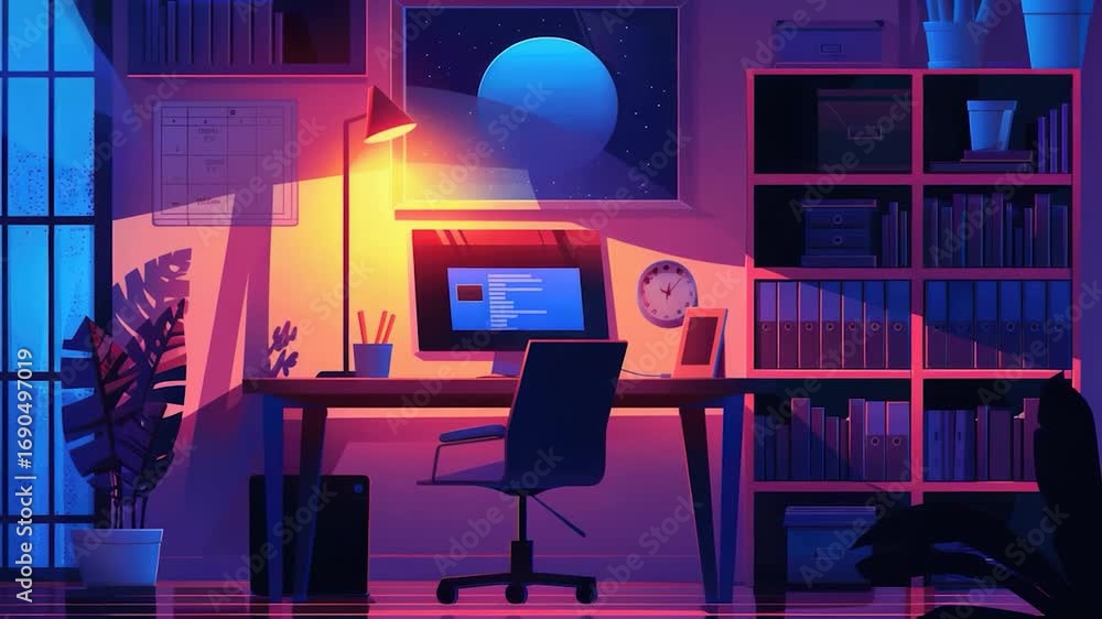 Poster a modern office space with a desk and computer