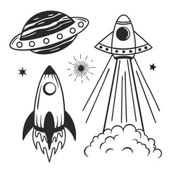 Illustration of a spaceship, ufo, and planet isolated on white background, perfect for space themed designs