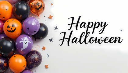 Happy Halloween Balloon Cluster Illustration on White Background Ghost, Pumpkin, and Star Designs in Orange, Black, Purple, and White Festive Party Scene with Confetti and Elegant Script Text