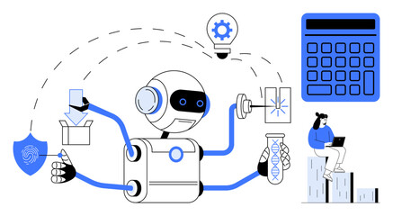 Robot executes packaging, biometrics, research, and analytics with multi-functional arms. Ideal for technology, AI, automation, innovation research biometrics efficiency themes. Flat simple