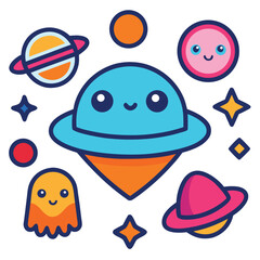 Cute cartoon ufo surrounded by planets and stars isolated on white background