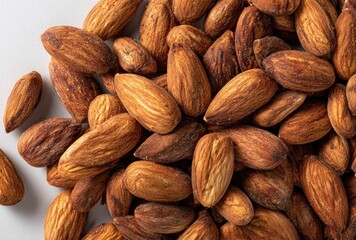 Fototapeta premium A close-up shot shows a scattering of brown, oval almonds with delicate ridges and a slightly textured surface against a clean, off-white backdrop