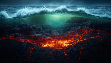 The turbulent ocean surface with enormous waves crashing on top, molten glowing lava flowing beneath the dark seabed.