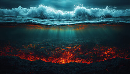 Fototapeta premium Turbulent ocean surface with enormous waves crashing on top, molten glowing lava flowing beneath the dark seabed.