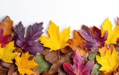Autumn leaves in a vibrant array of colors are artfully arranged, creating a warm, textured border against a clean white background