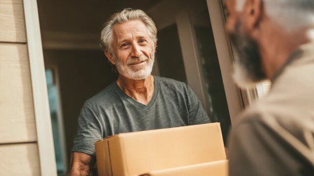 Happy mature man receiving package from delivery person at doorway