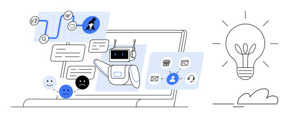 Robot interacting with messages, icons for communication, e-commerce, emotions, and ideas. Ideal for innovation, automation, customer support, technology problem-solving creativity education