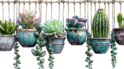 Succulents and cactus in teal and rust colored ceramic pots for decoration, PNG, isolated on transparent background.