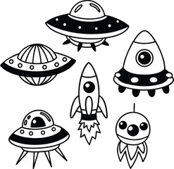 Hand drawn space elements isolated on white background including planets, rockets, ufo and alien doodles