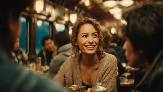 Smiling woman enjoying meal in cozy diner setting with friends, warm lights, and lively atmosphere capturing joy and connection among people dining together