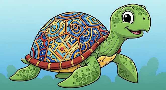 A cheerful, cartoon turtle with a vibrant, patterned shell, set against a soft backdrop, radiating a playful mood.