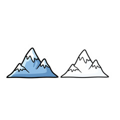A set of simple mountain peak illustrations, featuring a colored version with snow caps and a black and white line art outline for coloring