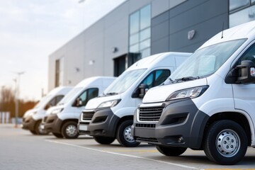 A row of modern white delivery vans parked neatly in a commercial lot, awaiting dispatch or returning from routes.