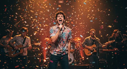 A band performs live on stage, with the lead singer belting out a song, confetti falling.
