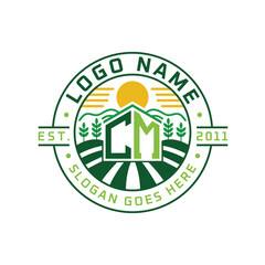 Modern Farmhouse CM Logo Design. Letter CM Agriculture Logo with Sun, Field, and Nature Elements