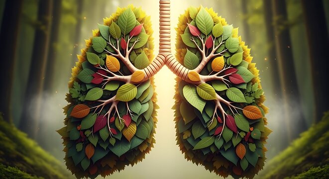 A pair of lungs artistically rendered as a vibrant collection of leaves, symbolizing the connection between nature and breathing in a tranquil forest setting.