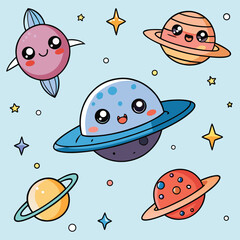 A charming collection of cartoon planets with cute faces floating in a light blue starry space scene