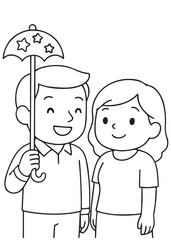 coloring book couple holding umbrella with stars on new year