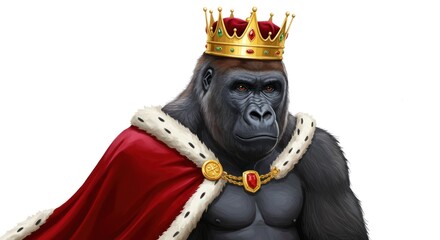 Obraz premium A majestic gorilla wearing a golden crown and regal red cape, looking directly at the viewer.