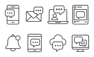 Set of communication icons: smartphone, laptop, cloud, envelope, notification, chat interfaces
