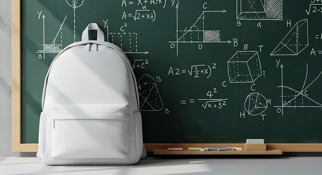 Backpack on Chalkboard with Math Equations Education Learning and School Concept