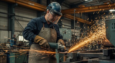 A worker wearing protective gear grinds metal in a factory, creating sparks.