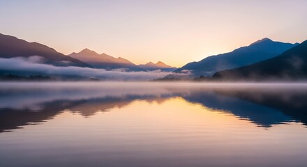 Fototapeta premium Calm lake mirroring mountains shrouded in fog at sunrise creates a serene vista, concept for nature photography, landscape design and travel promotions