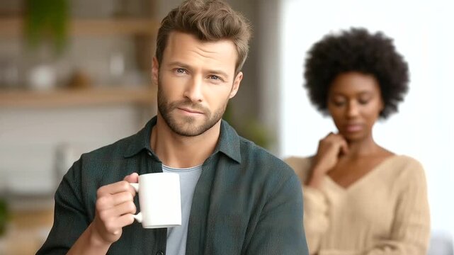 Home setting with home conflict, gentle light, diverse couple representing home conflict, gentle light, diverse couple interaction, emotional support, relationship dynamics, communication issues
