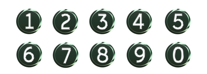 Shiny Green Circle numbers, metallic glossy illustration On  transparent background
