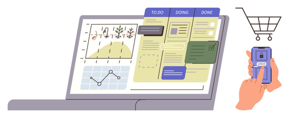 Open laptop screen displaying task workflow and charts paired with a hand authorizing mobile payment for an online purchase. Ideal for productivity, task management, online shopping, e-commerce