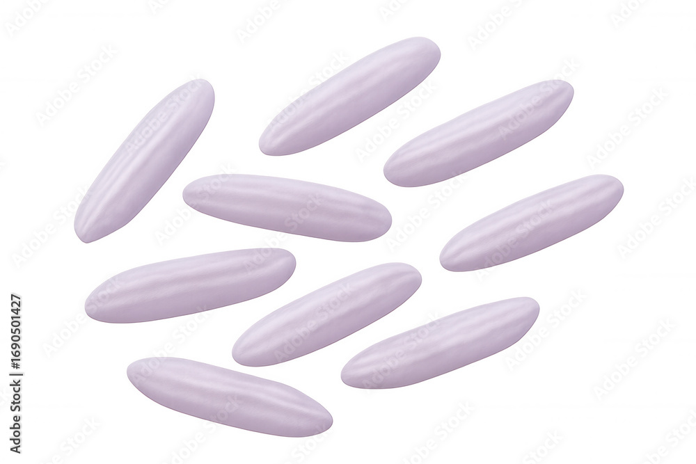Poster purple rice kernels cascading dynamically, highlighting textural details against pristine white back