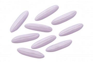 Purple rice kernels cascading dynamically, highlighting textural details against pristine white backdrop with clean visual composition