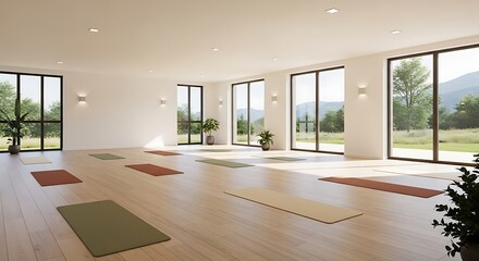 Obraz premium A spacious yoga with expansive views of a serene landscape, showcasing a bright and airy atmosphere.