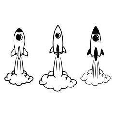 Three hand drawn rockets launching with smoke trails isolated on white background for design elements