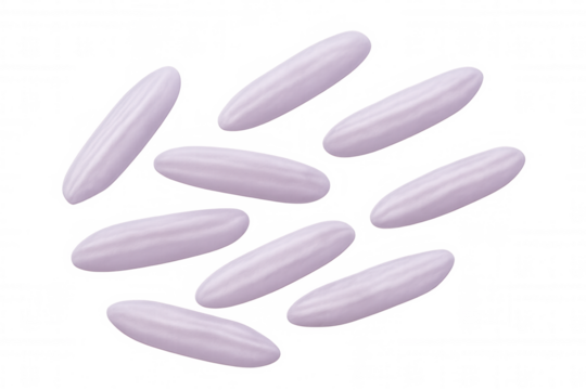 Purple rice kernels cascading dynamically, highlighting textural details against pristine white backdrop with clean visual composition