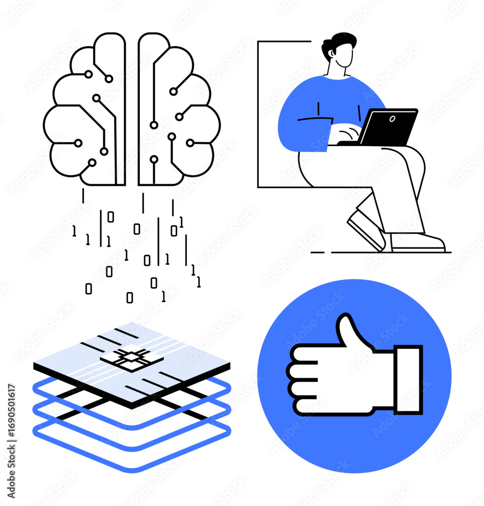Poster abstract brain with binary code, seated person using laptop, chip layers, and thumbs-up icon. ideal 