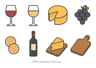 Wine and cheese set: glasses, bottle, cheese, crackers, grapes, cutting board