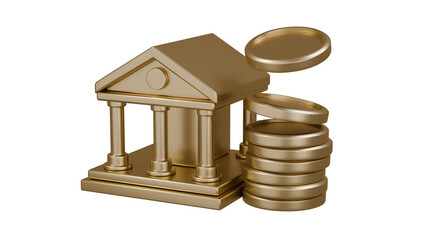 금으로 만든 은행 건물과 쌓여 있는 동전