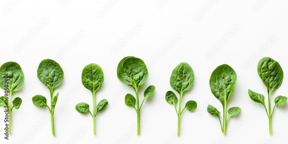 Poster A row of fresh spinach leaves is arranged on a white surface, creating a linear pattern. Each leaf is attached to a small stem. 