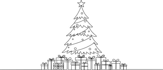 Christmas tree line art with star and decorations, holiday presents around base, outline vector illustration for festive design