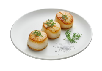 Three plump, perfectly seared scallops with golden-brown crust, fresh dill, and sea salt on a white plate, against a transparent background. Elegant culinary presentation
