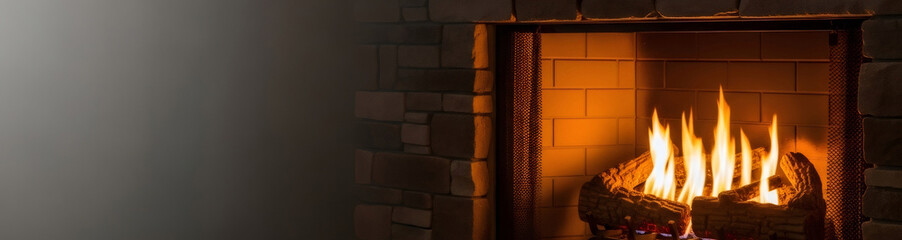 Gas fireplace log insert with dancing orange flame. Realistic fire for home heating and cozy atmosphere. Home interior.