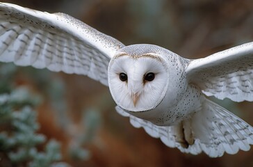 a close-up of an owl in flight, with its wings spread wide and eyes focused on the ground below.