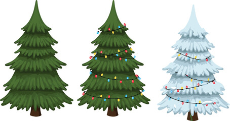 Cartoon pine trees trio, plain green, decorated with colorful Christmas lights, and snow-covered tree with holiday light decorations