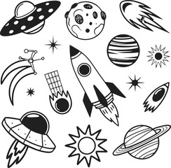 Collection of space elements isolated on white background, including planets, rockets, and ufos in black and white