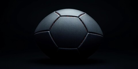 A matte black football, subtly textured, rests on a plain black backdrop, black football,   football texture