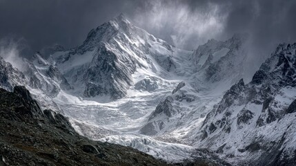 Obraz premium Snow Capped Mountain Range Under Dark Cloudy Sky in Cold Winter Landscape