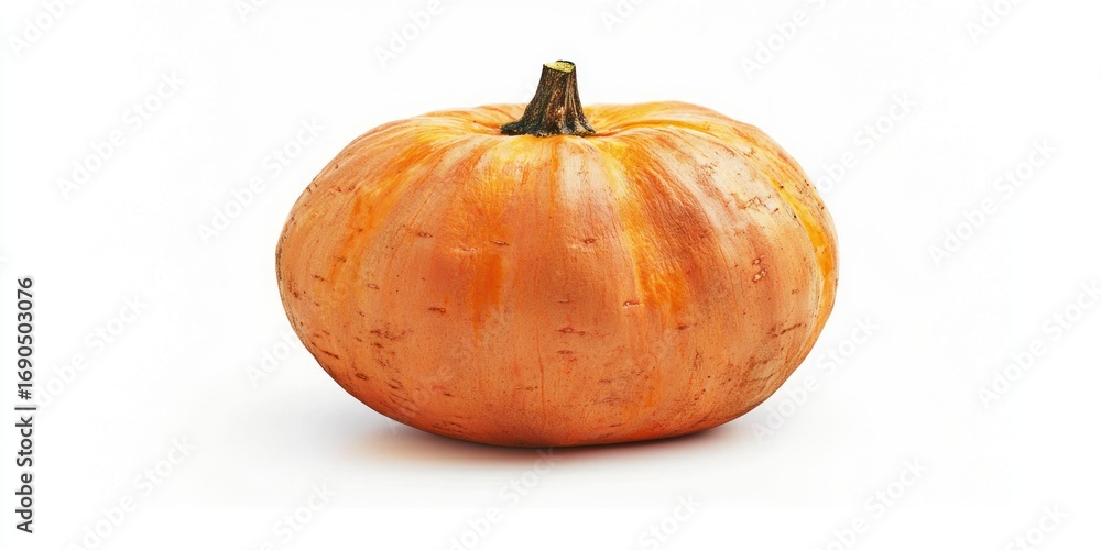 Poster a single, ripe pumpkin rests on a white surface. the pumpkin has a rounded shape and a slightly text