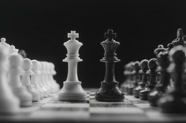 Chessboard close-up, white and black pieces in formation. Kings face each other, with pawns aligned in front. Focused shot. Black and white