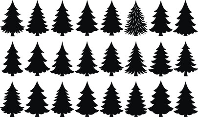 Christmas tree silhouettes set, black pine tree icons collection, festive vector evergreen shapes for holiday design and decoration